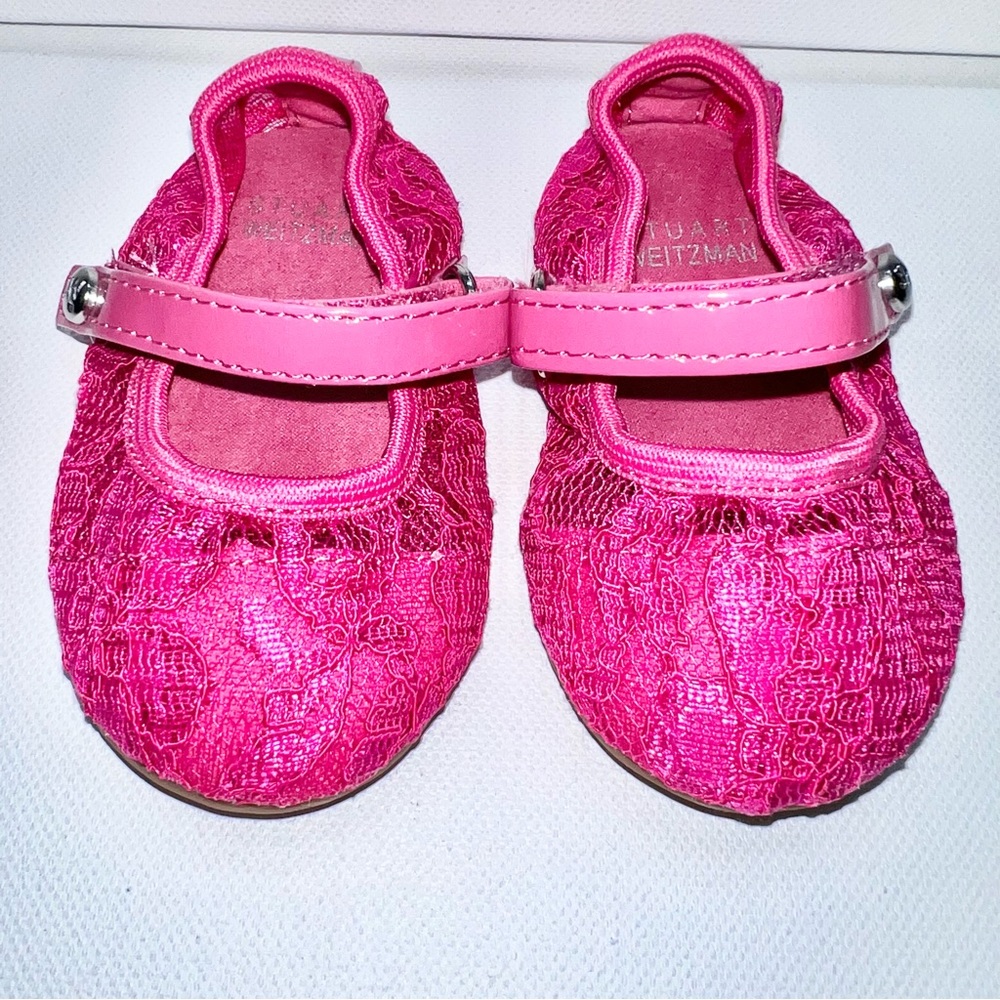 Stuart Weitzman Baby Dancer Crib Shoes Sz 3 Fuchsia Pink Lace Faux Leather Flats
